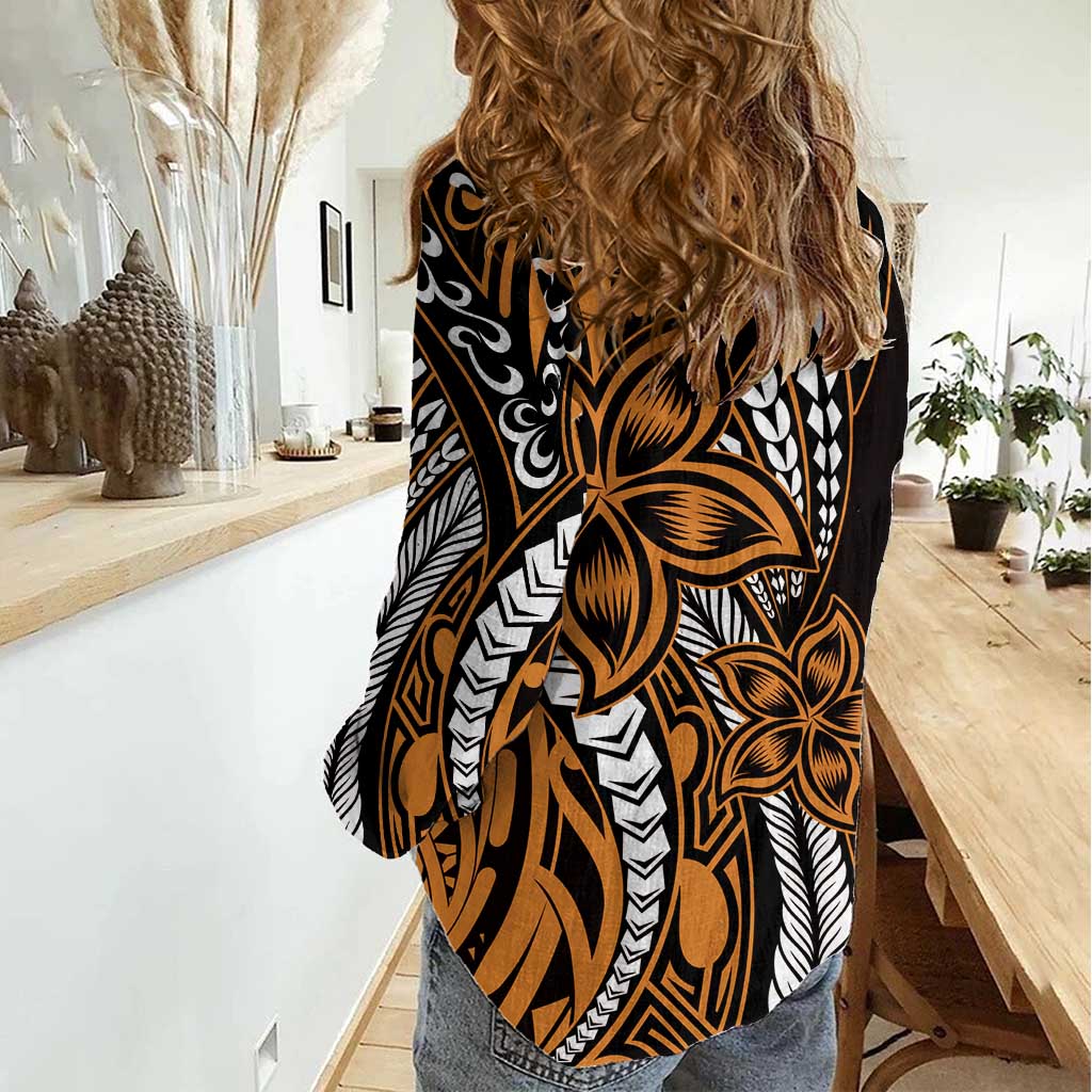 Polynesian Plumeria Floral Tattoo Pattern Women Casual Shirt Gold Style