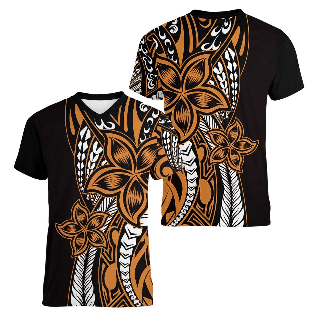 Polynesian Plumeria Floral Tattoo Pattern Women V-Neck T-Shirt Gold Style LT9 - Polynesian Pride
