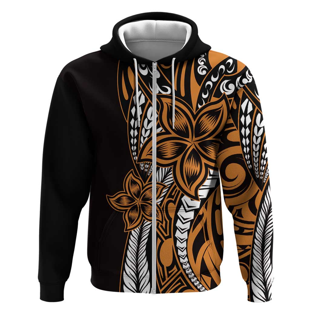 Polynesian Plumeria Floral Tattoo Pattern Zip Hoodie Gold Style