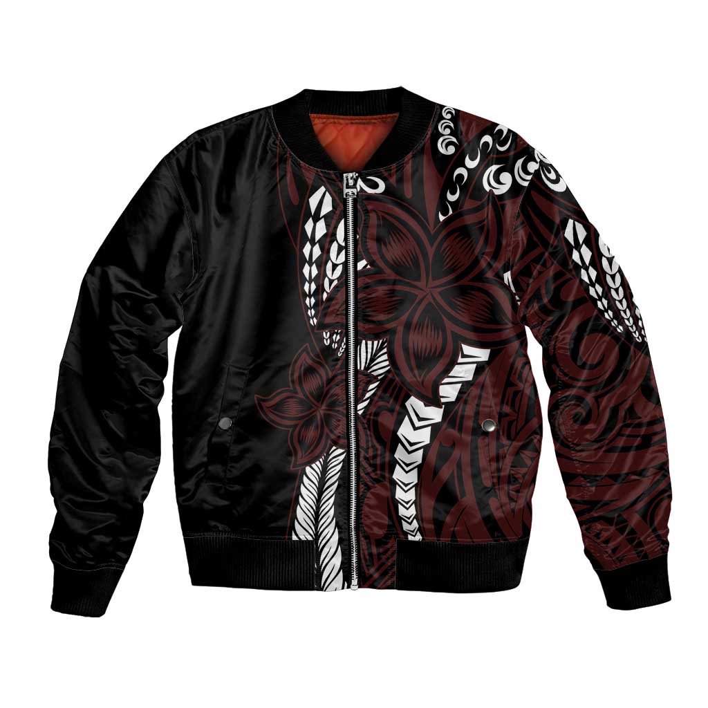 Polynesian Plumeria Floral Tattoo Pattern Bomber Jacket Oxblood Style