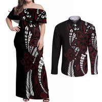 Polynesian Plumeria Floral Tattoo Pattern Couples Matching Off Shoulder Maxi Dress and Long Sleeve Button Shirt Oxblood Style