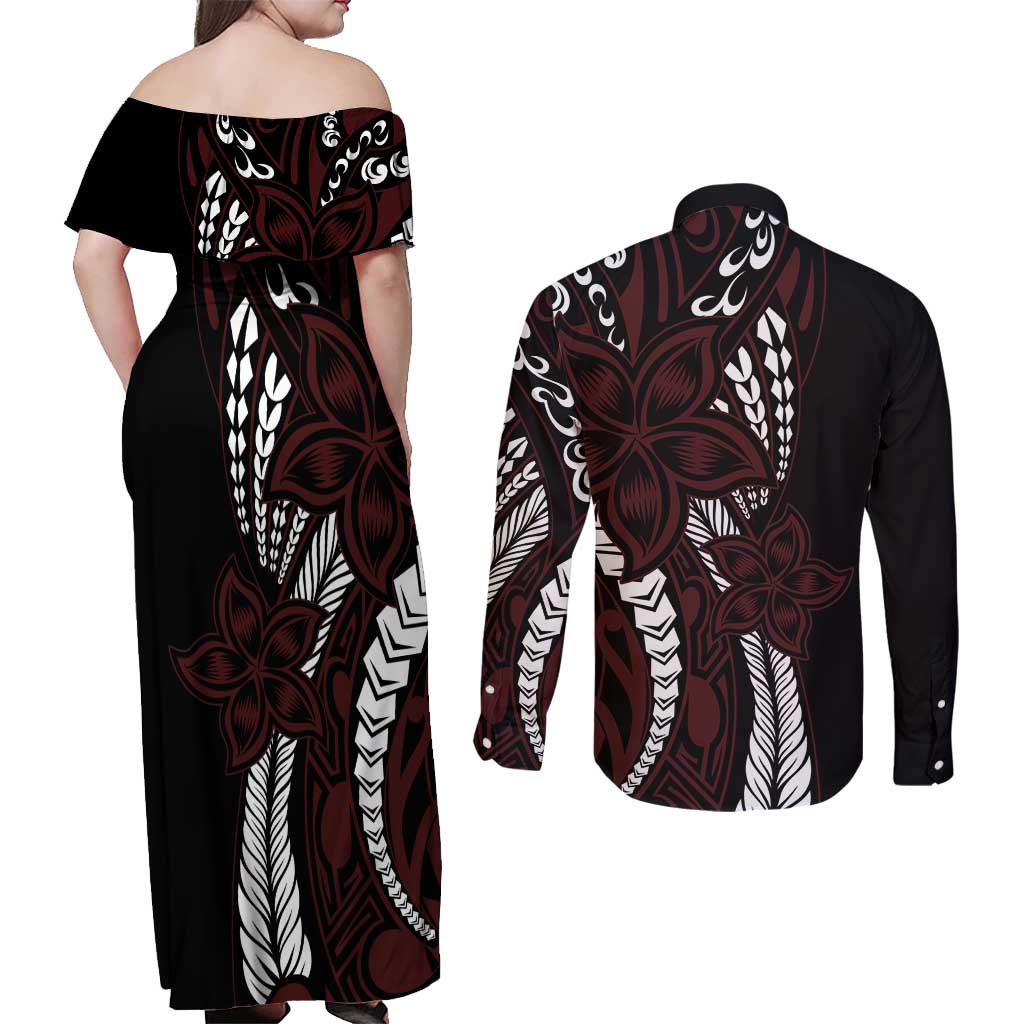 Polynesian Plumeria Floral Tattoo Pattern Couples Matching Off Shoulder Maxi Dress and Long Sleeve Button Shirt Oxblood Style