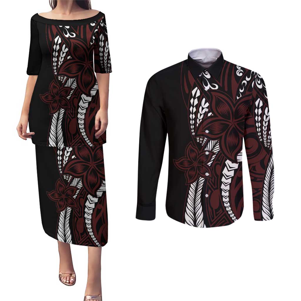 Polynesian Plumeria Floral Tattoo Pattern Couples Matching Puletasi and Long Sleeve Button Shirt Oxblood Style