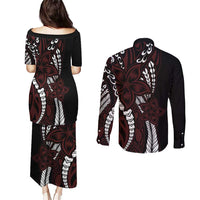 Polynesian Plumeria Floral Tattoo Pattern Couples Matching Puletasi and Long Sleeve Button Shirt Oxblood Style