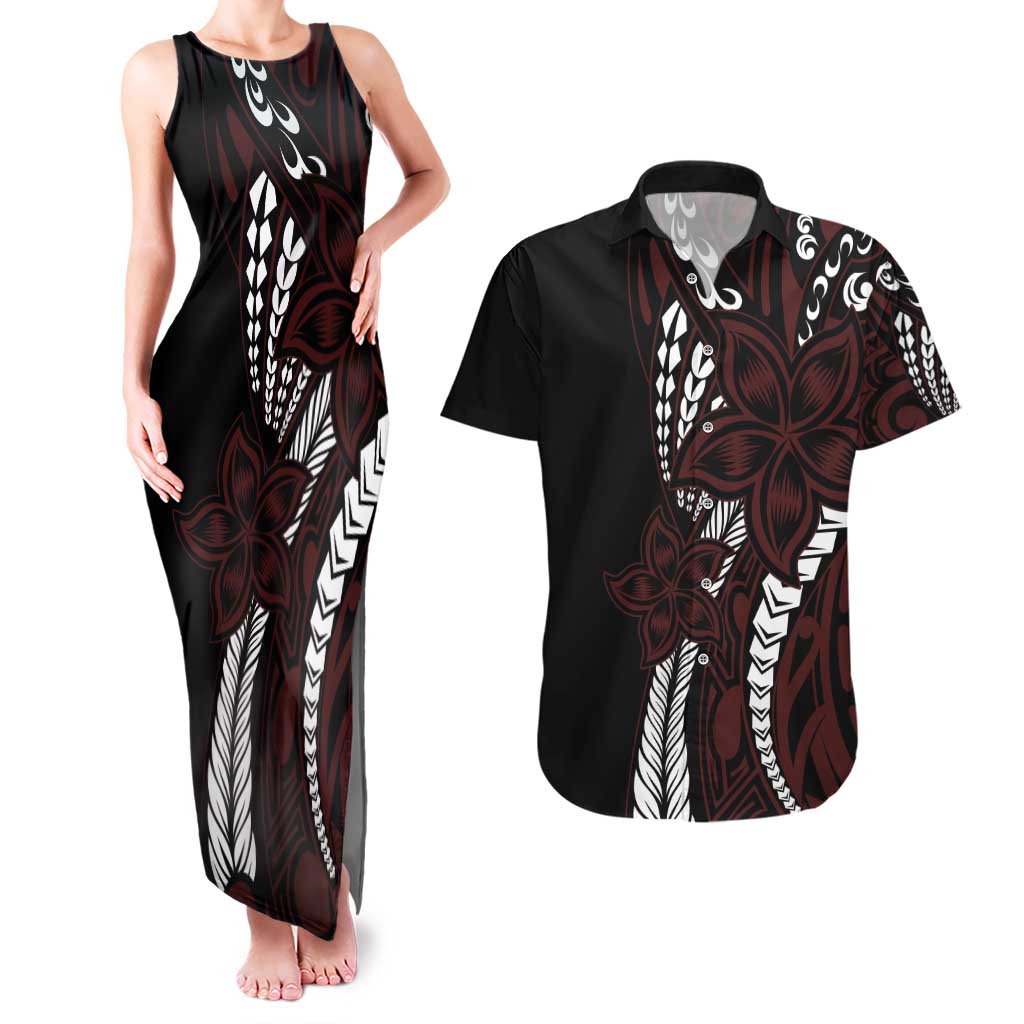 Polynesian Plumeria Floral Tattoo Pattern Couples Matching Tank Maxi Dress and Hawaiian Shirt Oxblood Style