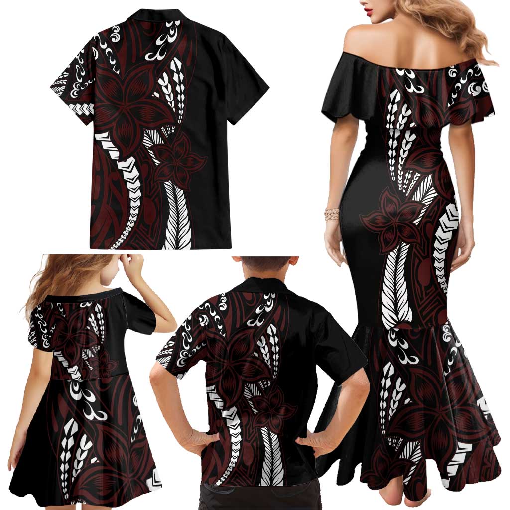 Polynesian Plumeria Floral Tattoo Pattern Family Matching Mermaid Dress and Hawaiian Shirt Oxblood Style