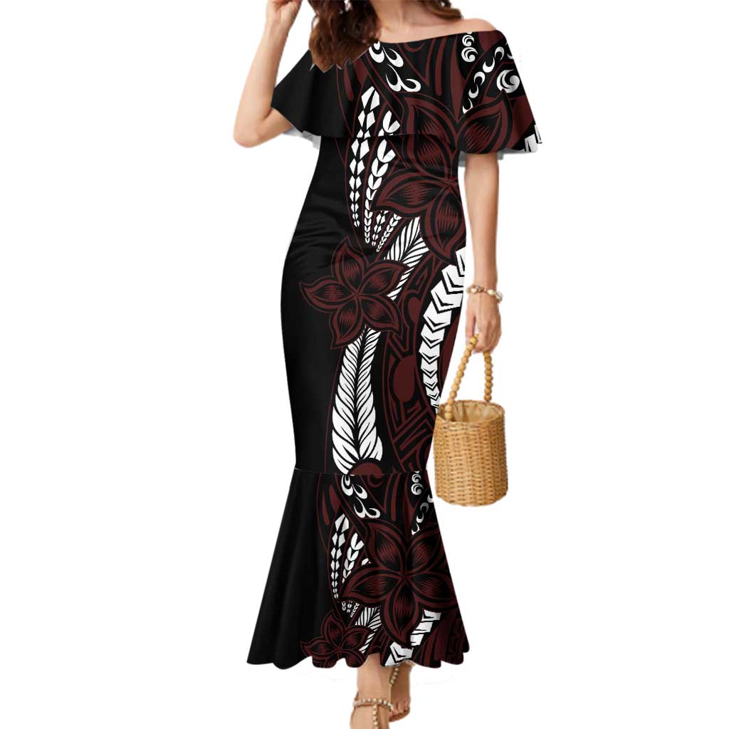 Polynesian Plumeria Floral Tattoo Pattern Family Matching Mermaid Dress and Hawaiian Shirt Oxblood Style