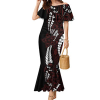 Polynesian Plumeria Floral Tattoo Pattern Family Matching Mermaid Dress and Hawaiian Shirt Oxblood Style