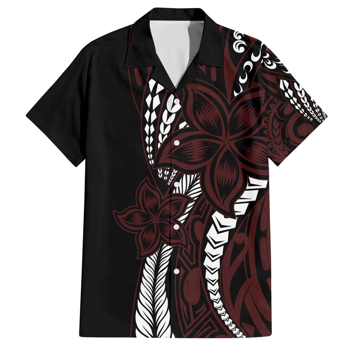 Polynesian Plumeria Floral Tattoo Pattern Family Matching Off Shoulder Short Dress and Hawaiian Shirt Oxblood Style