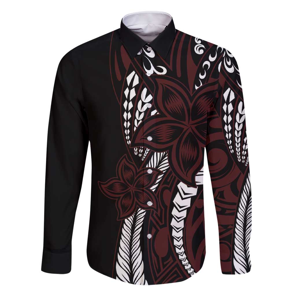 Polynesian Plumeria Floral Tattoo Pattern Family Matching Short Sleeve Bodycon Dress and Hawaiian Shirt Oxblood Style