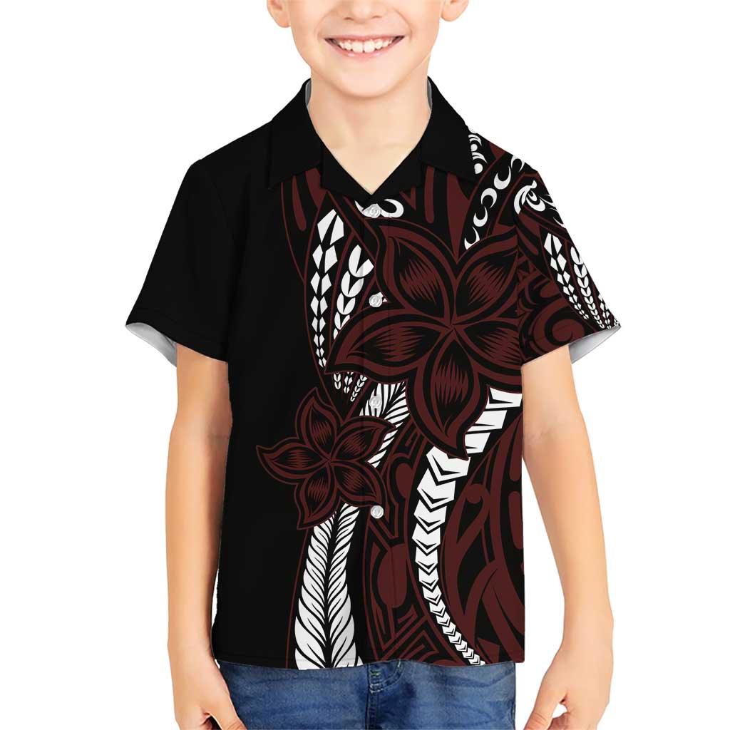 Polynesian Plumeria Floral Tattoo Pattern Family Matching Short Sleeve Bodycon Dress and Hawaiian Shirt Oxblood Style