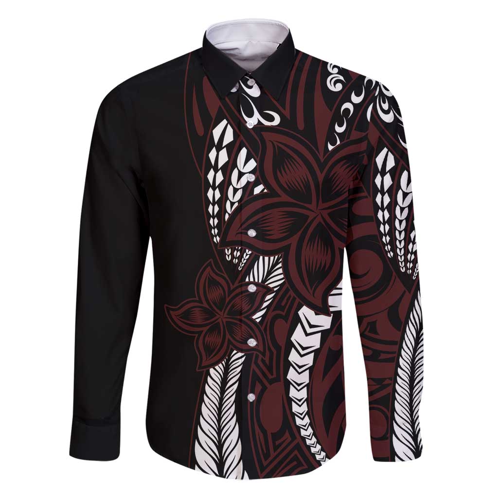 Polynesian Plumeria Floral Tattoo Pattern Family Matching Tank Maxi Dress and Hawaiian Shirt Oxblood Style