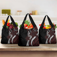Polynesian Plumeria Floral Tattoo Pattern Grocery Bag Oxblood Style