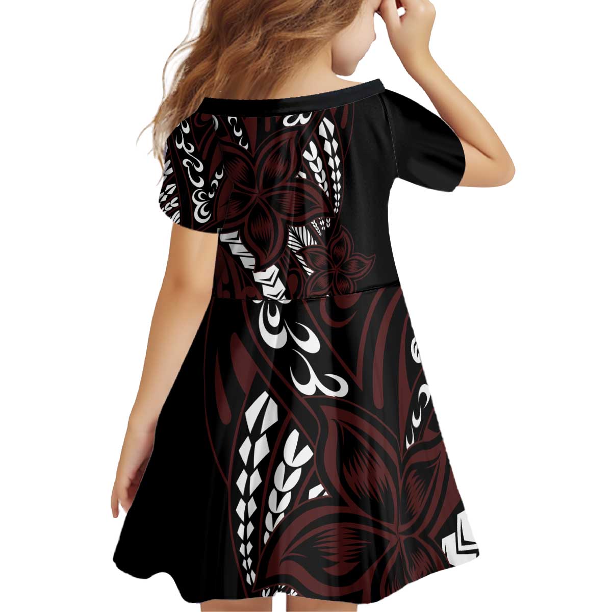 Polynesian Plumeria Floral Tattoo Pattern Kid Short Sleeve Dress Oxblood Style
