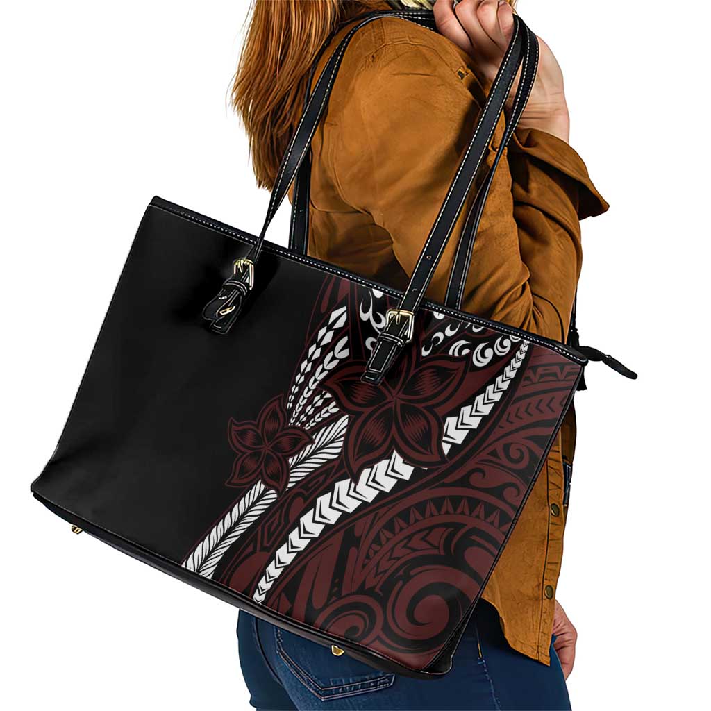 Polynesian Plumeria Floral Tattoo Pattern Leather Tote Bag Oxblood Style