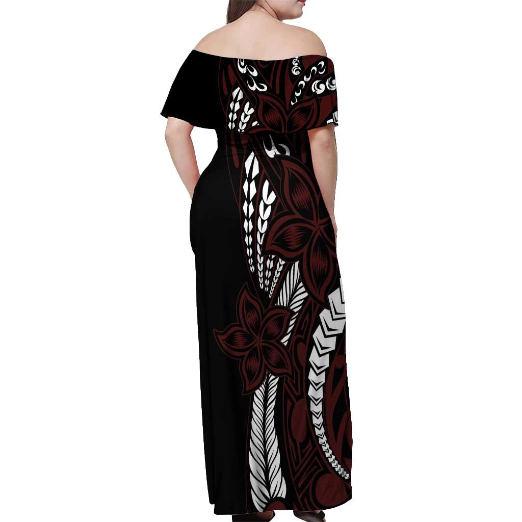 Polynesian Plumeria Floral Tattoo Pattern Off Shoulder Maxi Dress Oxblood Style