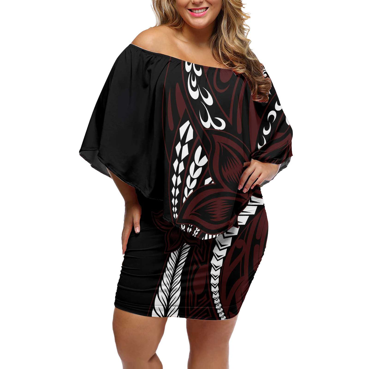 Polynesian Plumeria Floral Tattoo Pattern Off Shoulder Short Dress Oxblood Style LT9 Women Oxblood - Polynesian Pride