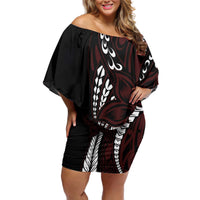 Polynesian Plumeria Floral Tattoo Pattern Off Shoulder Short Dress Oxblood Style LT9 Women Oxblood - Polynesian Pride