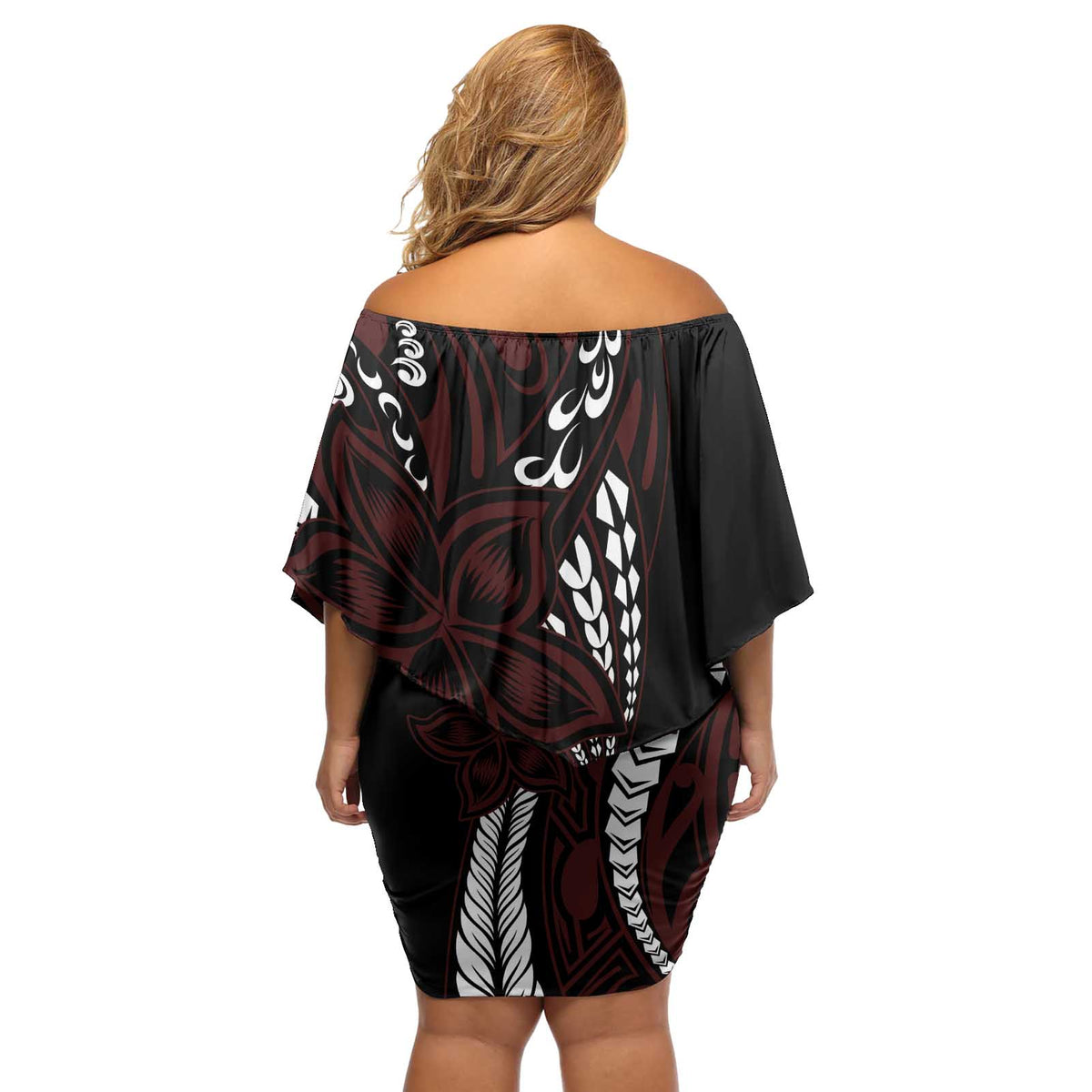 Polynesian Plumeria Floral Tattoo Pattern Off Shoulder Short Dress Oxblood Style LT9 - Polynesian Pride