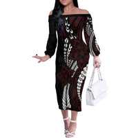 Polynesian Plumeria Floral Tattoo Pattern Off The Shoulder Long Sleeve Dress Oxblood Style