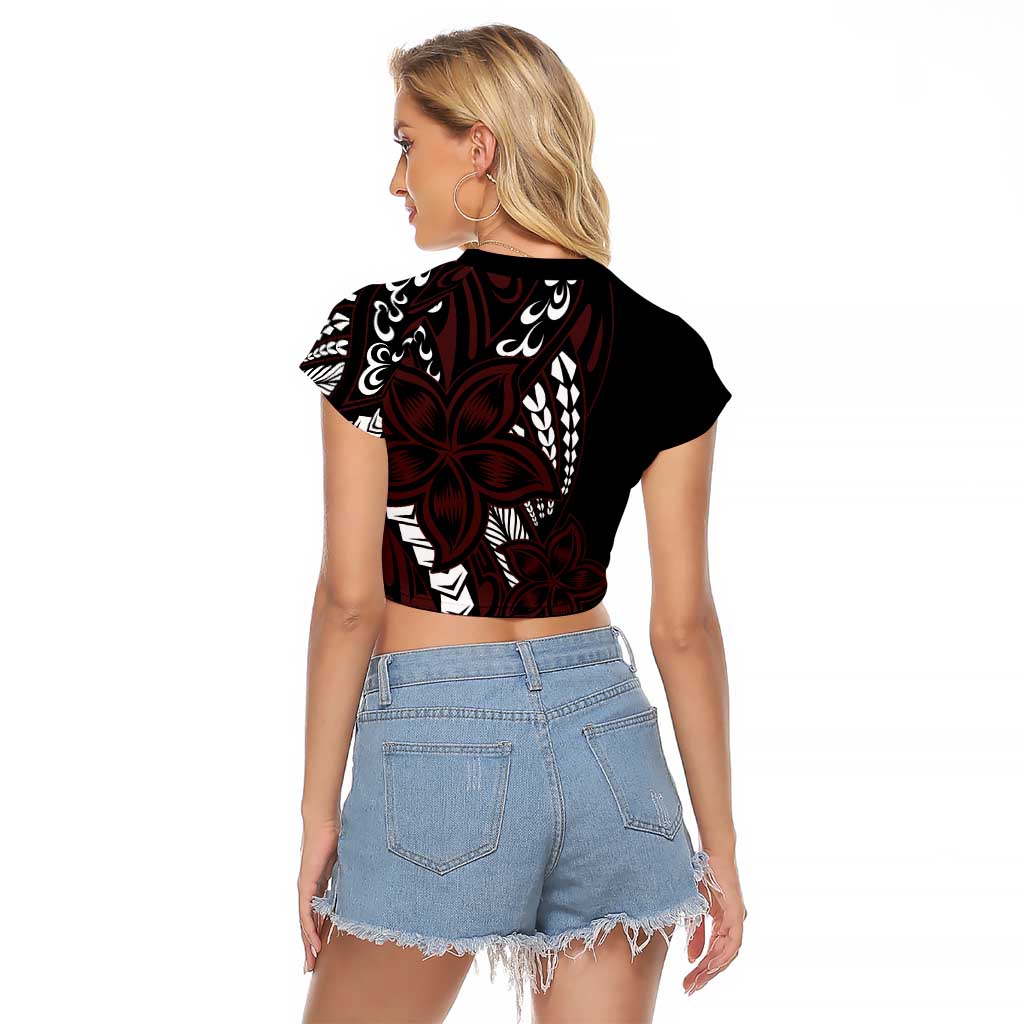 Polynesian Plumeria Floral Tattoo Pattern Raglan Cropped T Shirt Oxblood Style LT9 - Polynesian Pride