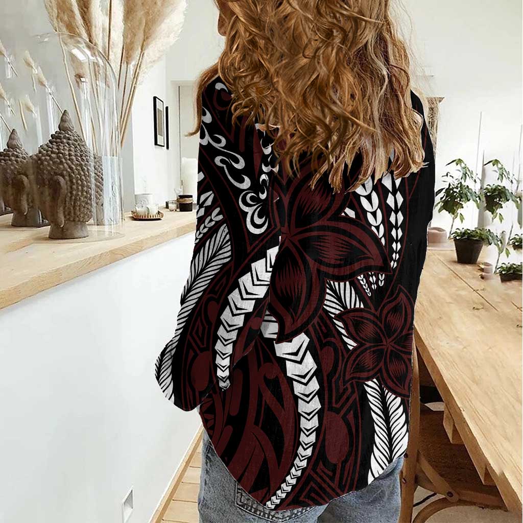 Polynesian Plumeria Floral Tattoo Pattern Women Casual Shirt Oxblood Style