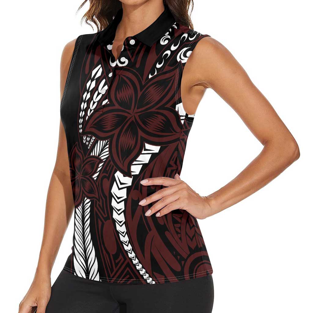 Polynesian Plumeria Floral Tattoo Pattern Women Sleeveless Polo Shirt Oxblood Style LT9 - Polynesian Pride
