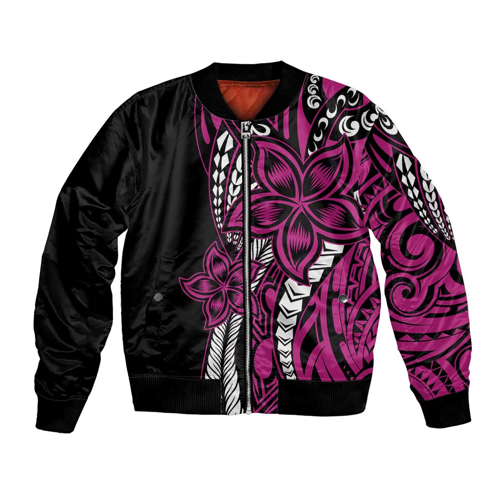 Polynesian Plumeria Floral Tattoo Pattern Bomber Jacket Pink Style