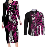 Polynesian Plumeria Floral Tattoo Pattern Couples Matching Long Sleeve Bodycon Dress and Long Sleeve Button Shirt Pink Style