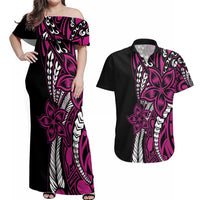 Polynesian Plumeria Floral Tattoo Pattern Couples Matching Off Shoulder Maxi Dress and Hawaiian Shirt Pink Style