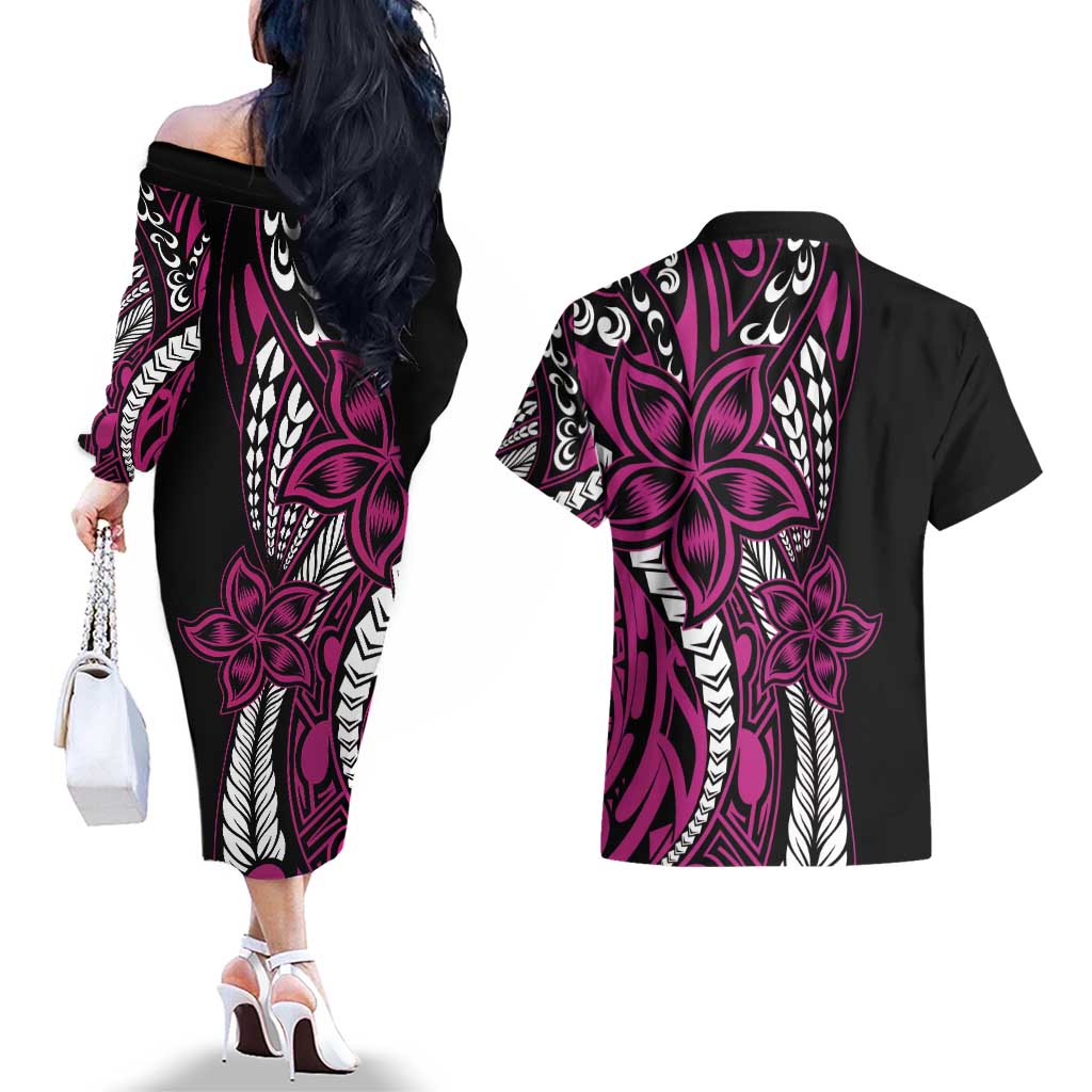 Polynesian Plumeria Floral Tattoo Pattern Couples Matching Off The Shoulder Long Sleeve Dress and Hawaiian Shirt Pink Style