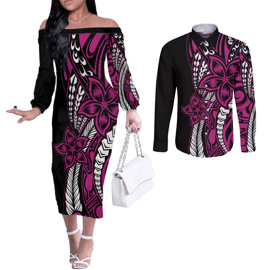 Polynesian Plumeria Floral Tattoo Pattern Couples Matching Off The Shoulder Long Sleeve Dress and Long Sleeve Button Shirt Pink Style