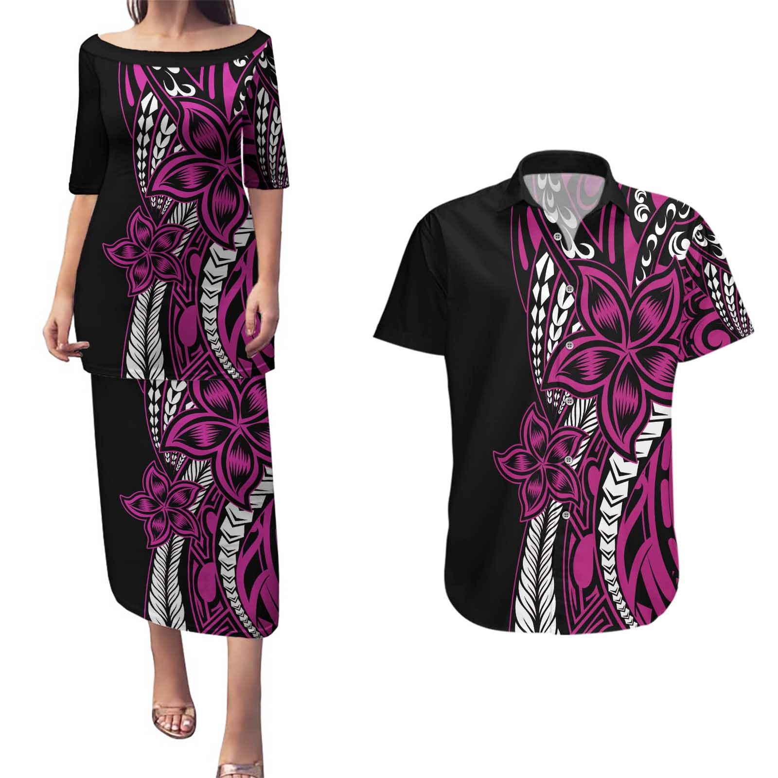Polynesian Plumeria Floral Tattoo Pattern Couples Matching Puletasi and Hawaiian Shirt Pink Style