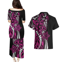 Polynesian Plumeria Floral Tattoo Pattern Couples Matching Puletasi and Hawaiian Shirt Pink Style