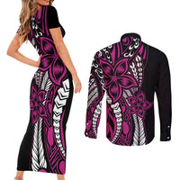 Polynesian Plumeria Floral Tattoo Pattern Couples Matching Short Sleeve Bodycon Dress and Long Sleeve Button Shirt Pink Style