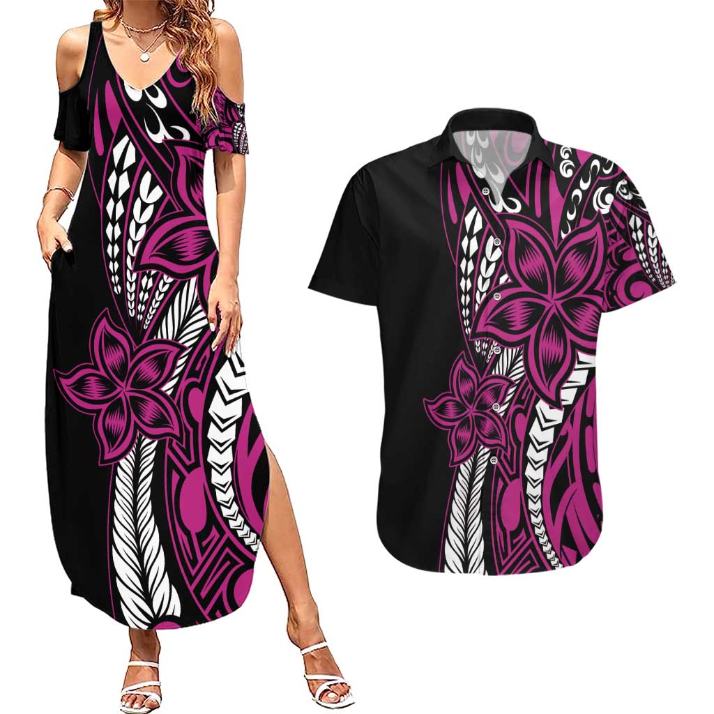 Polynesian Plumeria Floral Tattoo Pattern Couples Matching Summer Maxi Dress and Hawaiian Shirt Pink Style
