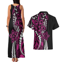 Polynesian Plumeria Floral Tattoo Pattern Couples Matching Tank Maxi Dress and Hawaiian Shirt Pink Style