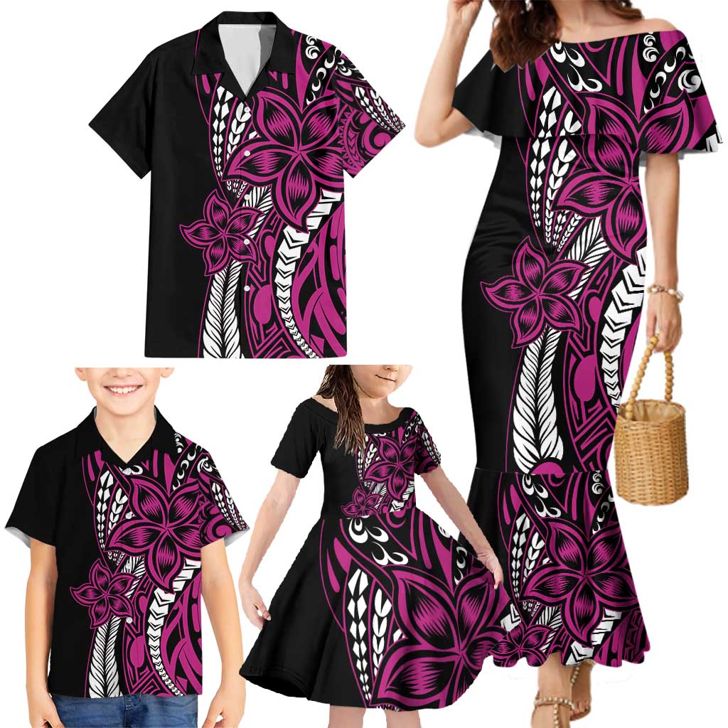Polynesian Plumeria Floral Tattoo Pattern Family Matching Mermaid Dress and Hawaiian Shirt Pink Style