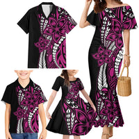 Polynesian Plumeria Floral Tattoo Pattern Family Matching Mermaid Dress and Hawaiian Shirt Pink Style