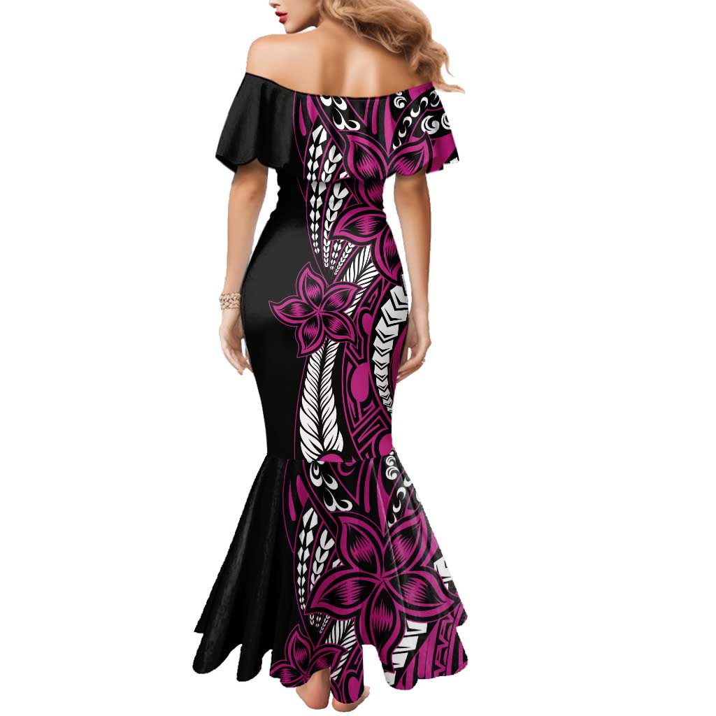 Polynesian Plumeria Floral Tattoo Pattern Family Matching Mermaid Dress and Hawaiian Shirt Pink Style