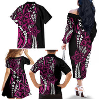 Polynesian Plumeria Floral Tattoo Pattern Family Matching Off The Shoulder Long Sleeve Dress and Hawaiian Shirt Pink Style
