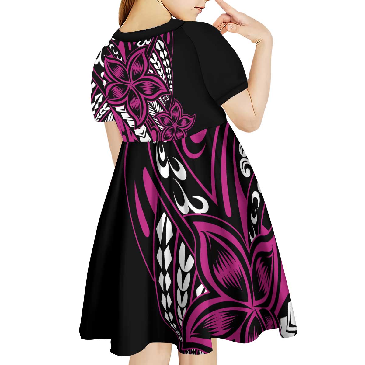 Polynesian Plumeria Floral Tattoo Pattern Kid Short Sleeve Dress Pink Style
