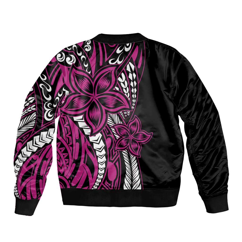 Polynesian Plumeria Floral Tattoo Pattern Sleeve Zip Bomber Jacket Pink Style