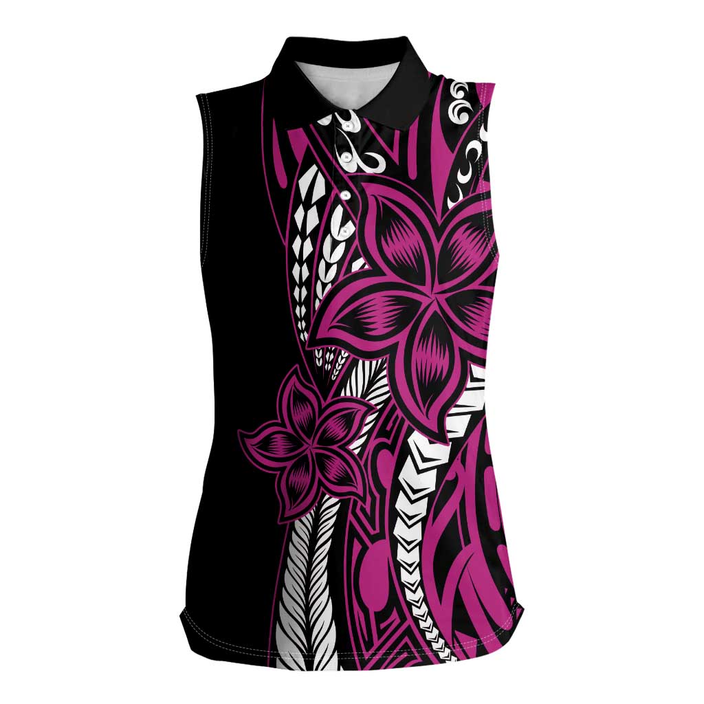 Polynesian Plumeria Floral Tattoo Pattern Women Sleeveless Polo Shirt Pink Style