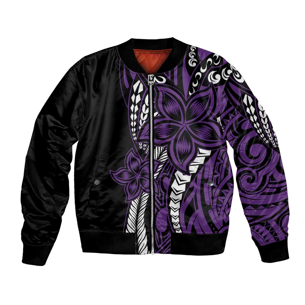 Polynesian Plumeria Floral Tattoo Pattern Bomber Jacket Purple Style