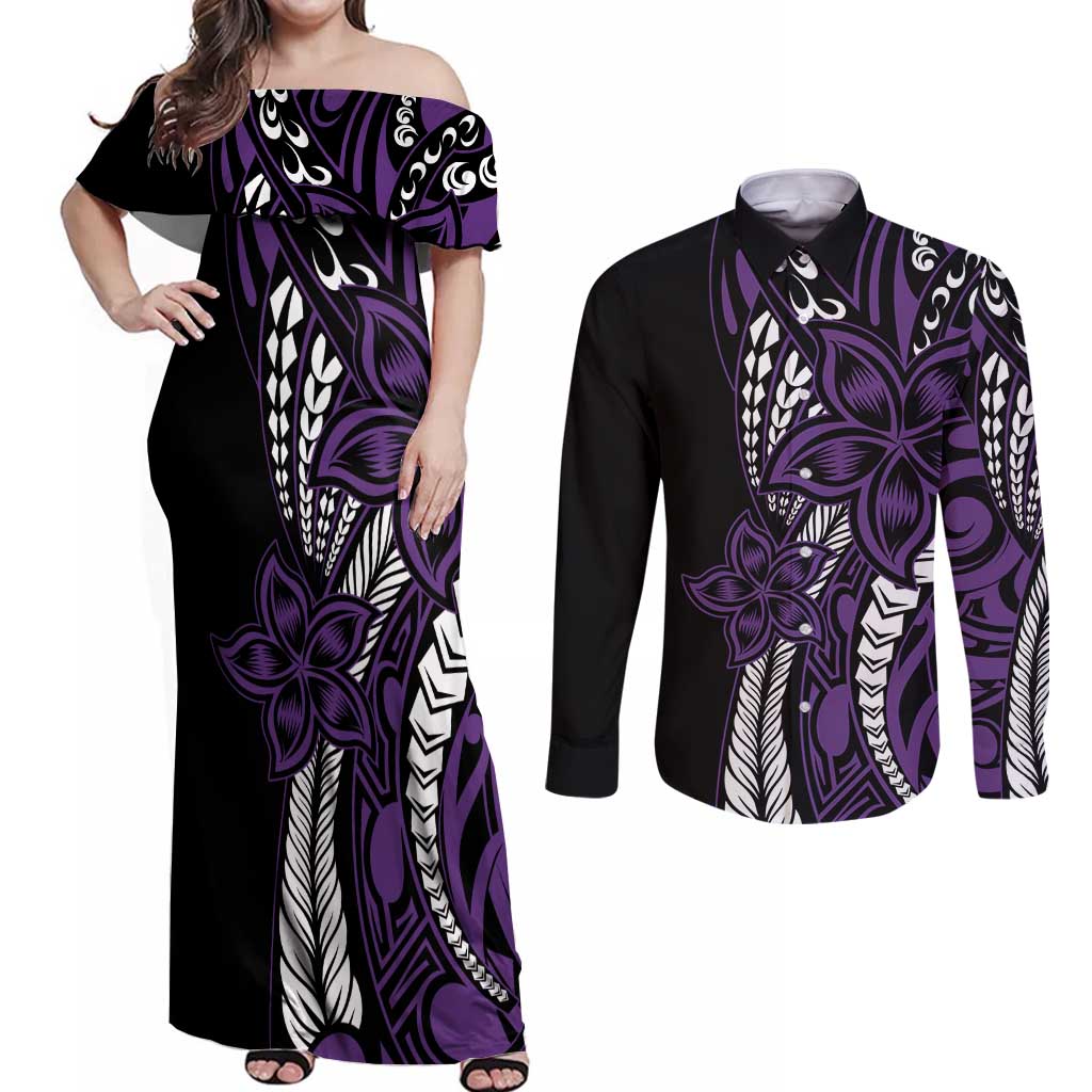 Polynesian Plumeria Floral Tattoo Pattern Couples Matching Off Shoulder Maxi Dress and Long Sleeve Button Shirt Purple Style