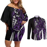 Polynesian Plumeria Floral Tattoo Pattern Couples Matching Off Shoulder Short Dress and Long Sleeve Button Shirt Purple Style