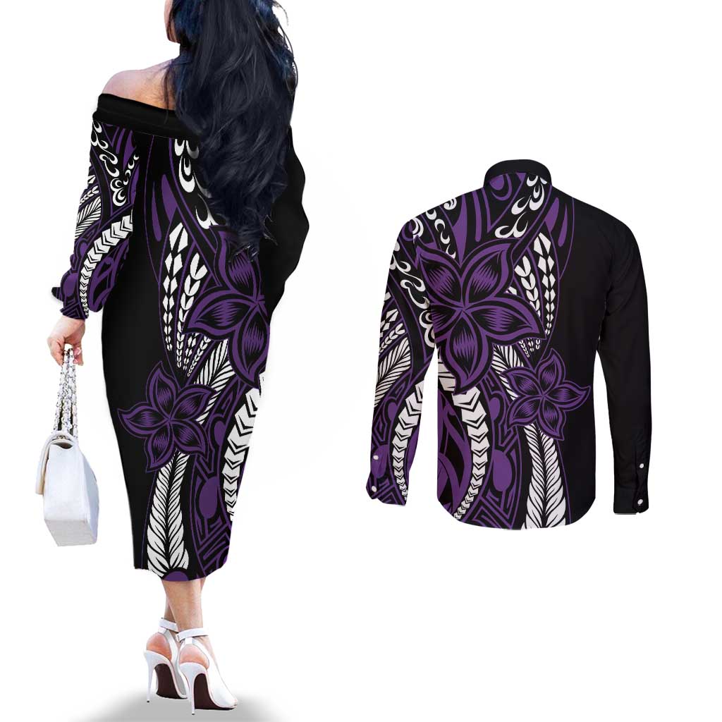 Polynesian Plumeria Floral Tattoo Pattern Couples Matching Off The Shoulder Long Sleeve Dress and Long Sleeve Button Shirt Purple Style
