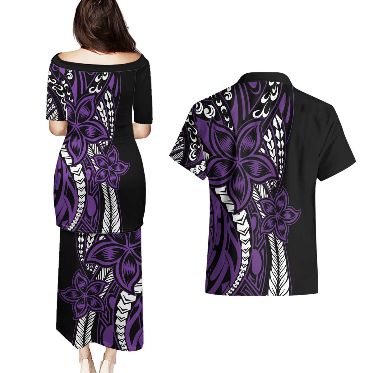 Polynesian Plumeria Floral Tattoo Pattern Couples Matching Puletasi and Hawaiian Shirt Purple Style