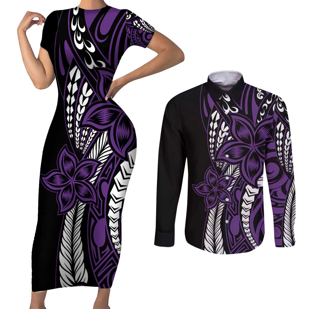 Polynesian Plumeria Floral Tattoo Pattern Couples Matching Short Sleeve Bodycon Dress and Long Sleeve Button Shirt Purple Style